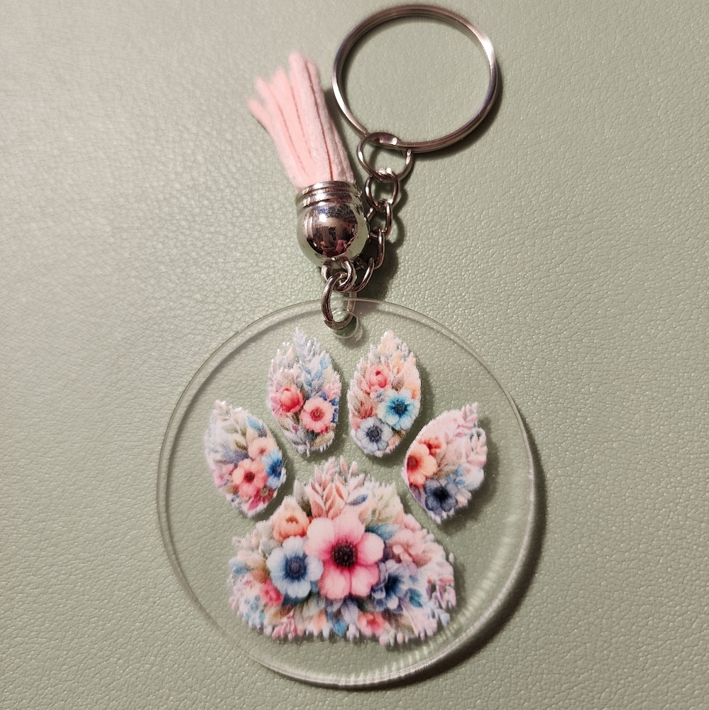 Floral Paw Print Keychain with Tassel
